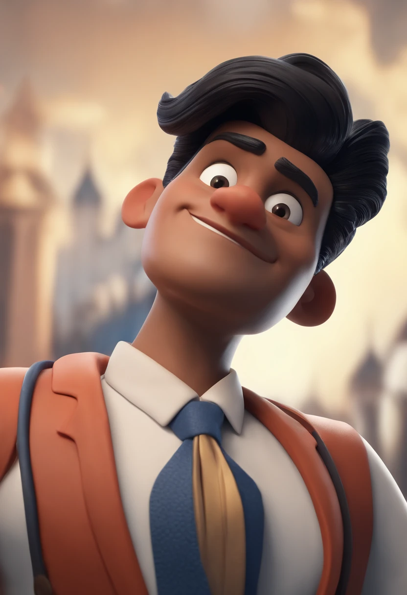 Personagem de desenho animado de um homem usando uma camisa branca, com gravata azul marinho e blazer azul marinho um personagem animado, Caractere estilizado, animation style rendering, 3D estilizado, Arnold Maya render, 3 d render stylized, toon render keyshot, Personagem 3D, Personagem 3D, 3d rendering stylized, 3 d character render, personagem de desenho animado, Personagem de close up, Pose de personagem, (Estilo Pixar) (master part:1.2) (Bokeh) (best quality) (pele detalhada) (textura detalhada) (8k) (argila) (Cinematic lighting) (foco nítido,Senta e vaza a parte superior do corpo