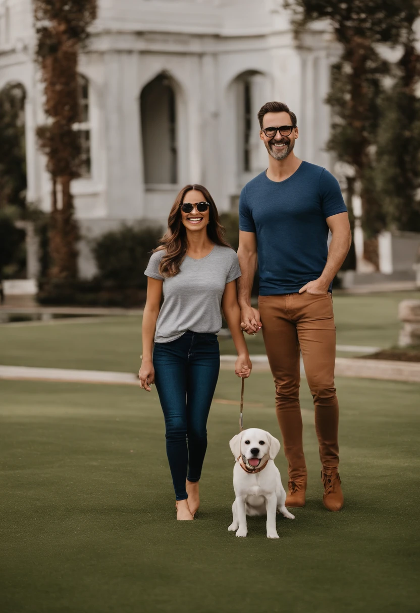 Pixar. Casal com um filhote de cachorro beagle marrom. A ****** tem os cabelos loiros amarrados, Camiseta cinza e jeans claro, white glasses. O ****** de cabelos pretos com cabelos grisalhos, barba pequena, oculos, Dark blue jeans and gray t-shirt. They are both smiling and are 40 years old