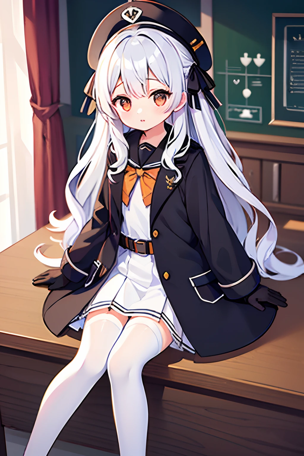 {High quality}, 1girl, {long wavy white hair}, {light orange eyes}, {white tights}, {lady}, {classy school uniform}, {topper coat}, {black gloves}, big black ribbon in her hair,