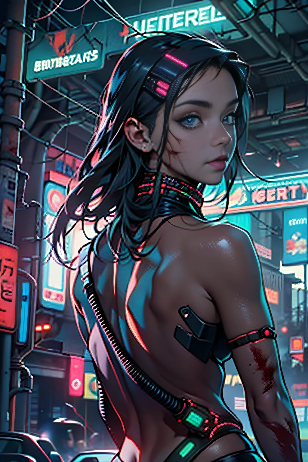 qualidade superior, obra prima, ultra-high-resolution, ((fotorrealista: 1.4), Foto RAW, cabelos pretos, pele brilhante, 1 mechanical girl, (Detalhes ultrarrealistas)), global ilumination, Sombras, octane rendering, 8k, Ultra sharp, Decote exposto, metal, Detalhes ornamentais intrincados, Egyptian details, Detalhes muito intrincados, Luz realista, CGSoation trend, in front of camera, Neon details, mechanical limbs, blood vessels connected to the tube, mechanical vertebrae attached to the back, mechanical cervical attachment to the neck, wires and cables connecting to head, Evangelion, small bright LED bulbs, (Paisagem urbana cyberpunk deslumbrante ao fundo)A close-up of a woman in a bikini and pantyhose posing, Arte Cyberpunk Anime, Arte de anime cyberpunk, Personagem de anime; Arte de corpo inteiro, Cyberpunk anime, Digital Cyberpunk - Arte de Anime, arte digital cyberpunk anime, oppai cyberpunk, cyberpunk themed art, Estilo de arte cyberpunk, Meninaime cyberpunk feminino, Arte cyberpunk, Estilo de terror cyberpunk