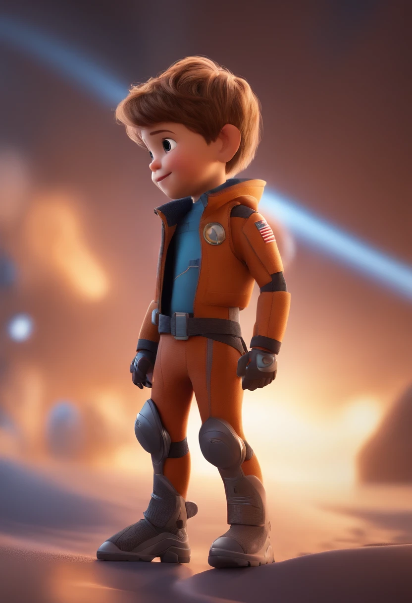 a happy cute  standing short hair, vestindo uma fantasia espacial, , fundo branco, barnet, tom, Estilo Pixar, ..3d, desenhos animados, rosto detalhado, asymmetrical 16k