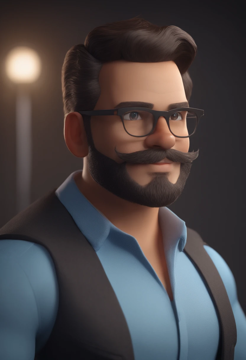 Cartoon character of a man wearing black glasses and a blue shirt 28 years old with beard square glasses, um personagem animado, Caractere estilizado, animation style rendering, 3D estilizado, Arnold Maya render, 3 d render stylized, toon render keyshot, Personagem 3D, Personagem 3D, 3d rendering stylized, 3 d character render, personagem de desenho animado, Personagem de close up, Pose de personagem, (Estilo Pixar) (master part:1.2) (Bokeh) (best quality) (pele detalhada) (textura detalhada) (8k) (argila) (Cinematic lighting) (foco nítido，Senta e vaza a parte superior do corpo