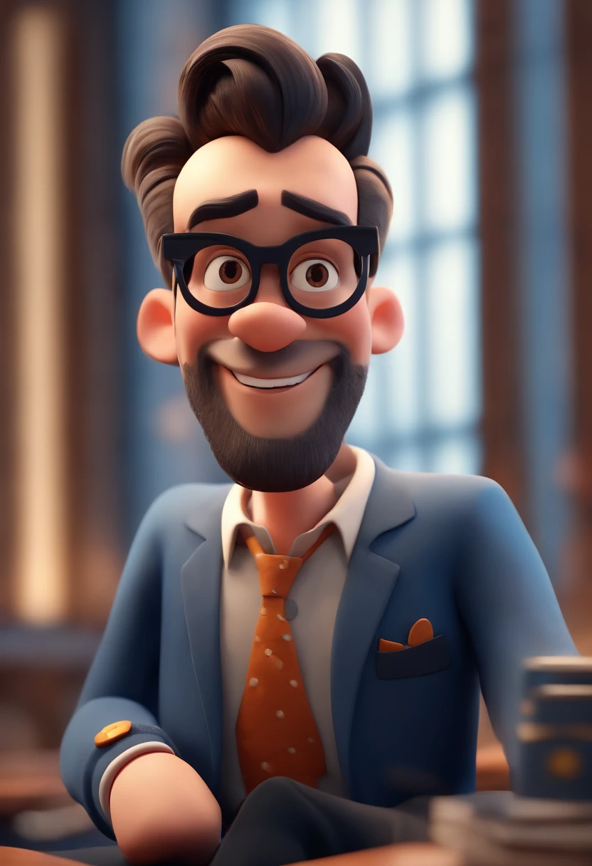 Cartoon character of a man wearing black glasses and a blue shirt, um personagem animado, Caractere estilizado, animation style rendering, 3D estilizado, Arnold Maya render, 3 d render stylized, toon render keyshot, Personagem 3D, Personagem 3D, 3d rendering stylized, 3 d character render, personagem de desenho animado, Personagem de close up, Pose de personagem, (Estilo Pixar) (master part:1.2) (Bokeh) (best quality) (pele detalhada) (textura detalhada) (8k) (argila) (Cinematic lighting) (foco nítido，Senta e vaza a parte superior do corpo com barba e 28 anos