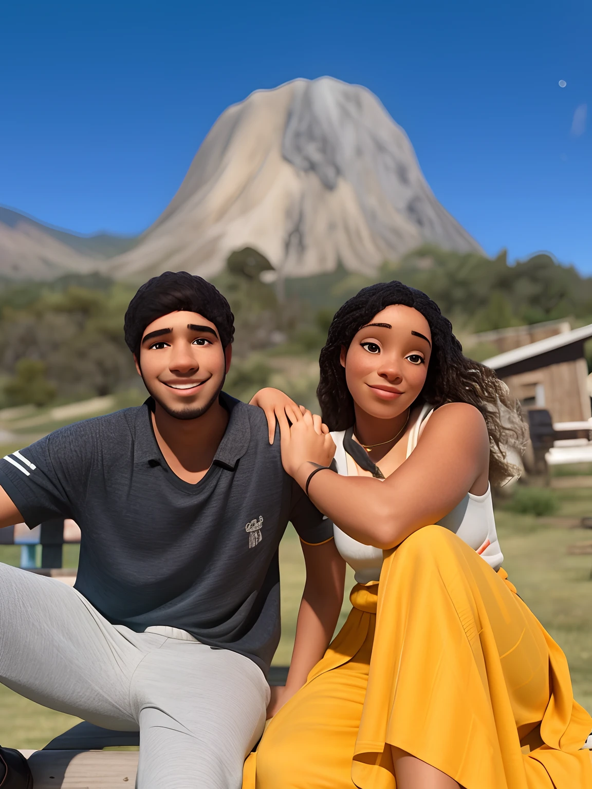 There are two people sitting on a bench in the park, montanha ao fundo, Moutain no fundo, com montanhas ao fundo, com montanhas no fundo, montanha no fundo, com montanhas como pano de fundo, em frente a uma montanha, with a volcano in the background, Montanhas ao fundo, Malika Favre, Directed by: Caro Niederer