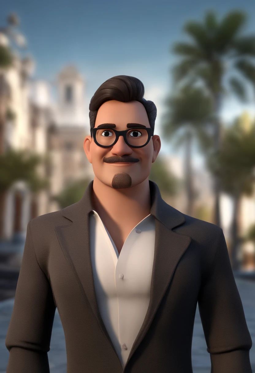 Cartoon character of a man with black glasses, cabelo cacheado marrom escuro e uma camisa azul, animation character, Caractere estilizado, animation style rendering, 3D estilizado, Arnold Maya render, 3 d render stylized, toon render keyshot, Personagem 3D, Personagem 3D, 3d rendering stylized, 3 d character render, personagem de desenho animado, Personagem de close up, Pose de personagem, (Estilo Pixar) (master part:1.2) (Bokeh) (best quality) (pele detalhada) (textura detalhada) (8k) (argila) (Cinematic lighting) (foco nítido