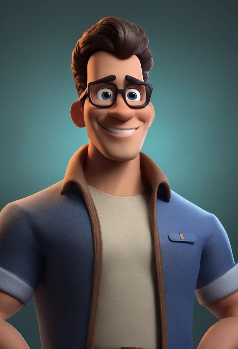 Cartoon character of a man with black glasses, cabelo cacheado marrom escuro e uma camisa azul, animation character, Caractere estilizado, animation style rendering, 3D estilizado, Arnold Maya render, 3 d render stylized, toon render keyshot, Personagem 3D, Personagem 3D, 3d rendering stylized, 3 d character render, personagem de desenho animado, Personagem de close up, Pose de personagem,  (Estilo Pixar) (master part:1.2) (Bokeh) (best quality) (pele detalhada) (textura detalhada) (8k) (argila) (Cinematic lighting) (foco nítido