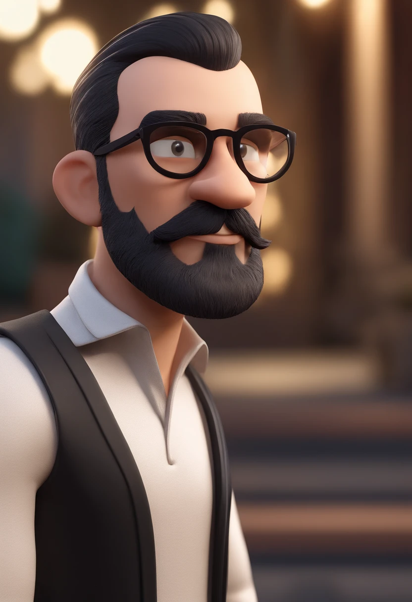 Cartoon character of a man with black glasses and a black polo shirt, cabelo liso, With beard and old school tattoo on his arm, animation character, Caractere estilizado, animation style rendering, 3D estilizado, Arnold Maya render, 3 d render stylized, toon render keyshot, Personagem 3D, Personagem 3D, 3d rendering stylized, 3 d character render, personagem de desenho animado, Personagem de close up, Pose de personagem,  (Estilo Pixar) (master part:1.2) (Bokeh) (best quality) (pele detalhada) (textura detalhada) (8k) (argila) (Cinematic lighting) (foco nítido