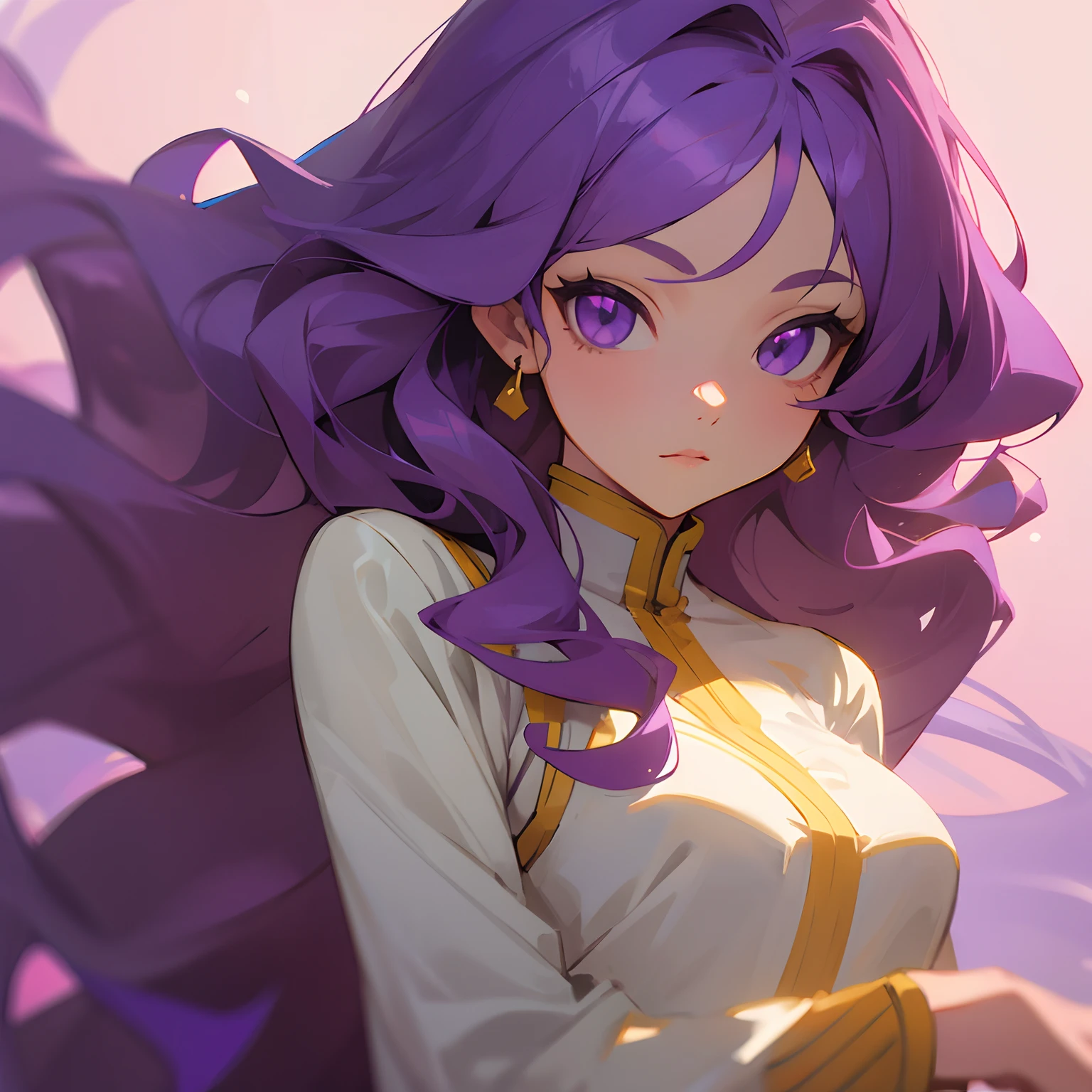 Purple hair , long wavy hair , purple eyes , 1female , young female , sunny background