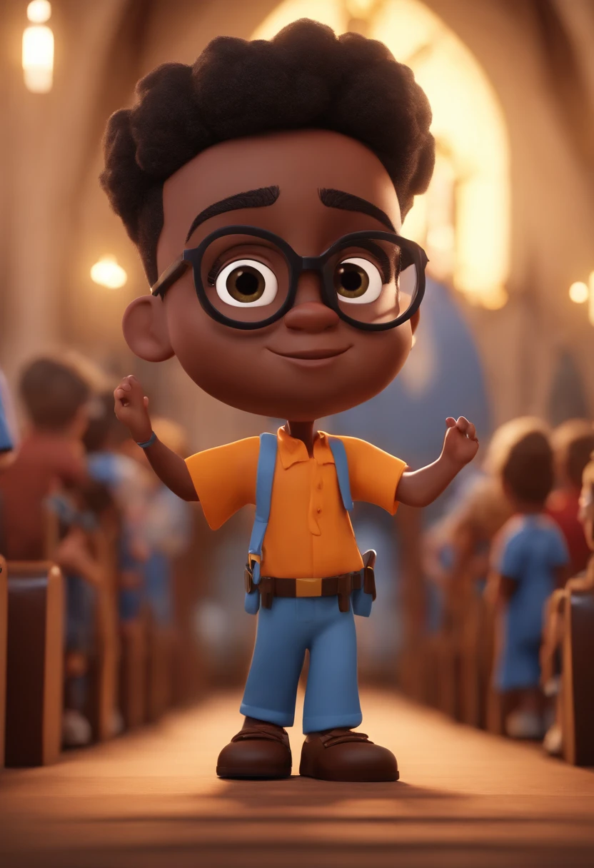 Cartoon character of a dark-skinned boy wearing black glasses and a blue shirt on his knees inside the freight church for Jesus nailed to the cross, um personagem animado, Caractere estilizado, animation style rendering, 3D estilizado, Arnold Maya render, 3 d render stylized, toon render keyshot, Personagem 3D, Personagem 3D, 3d rendering stylized, 3 d character render, personagem de desenho animado, Personagem de close up, Pose de personagem, (Estilo Pixar) (master part:1.2) (Bokeh) (melhor qualidade) (pele detalhada) (textura detalhada) (8k) (argila) (Cinematic lighting) (foco nítido, de joelho a parte inferior do corpo