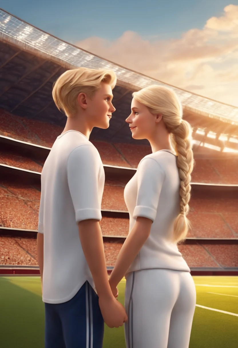 A blond boy and a blonde girl in braid with white clothes in a football stadium in Pixar style in high quality, melhor qualidade
