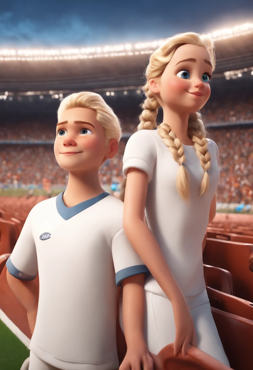 A blond boy and a blonde girl in braid with white clothes in a football stadium in Pixar style in high quality, melhor qualidade