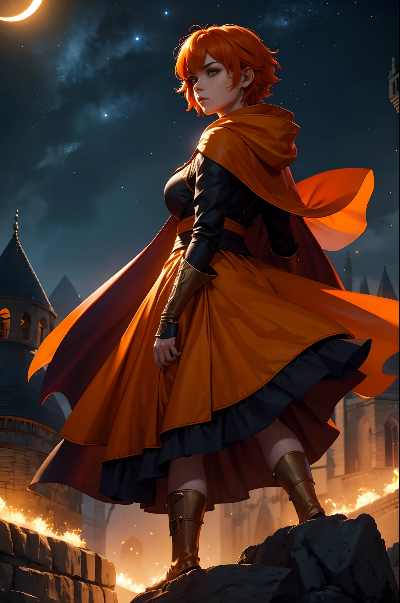 A female character with short orange hair wearing a flowing cape and crowd dressed in cape and hood, night  sky, Eclipse, 8k, Magnificent, adulto, armadura detalhada, Magnificent, lo gothic, Cidade medieval, Hiroglifos, dourado preto