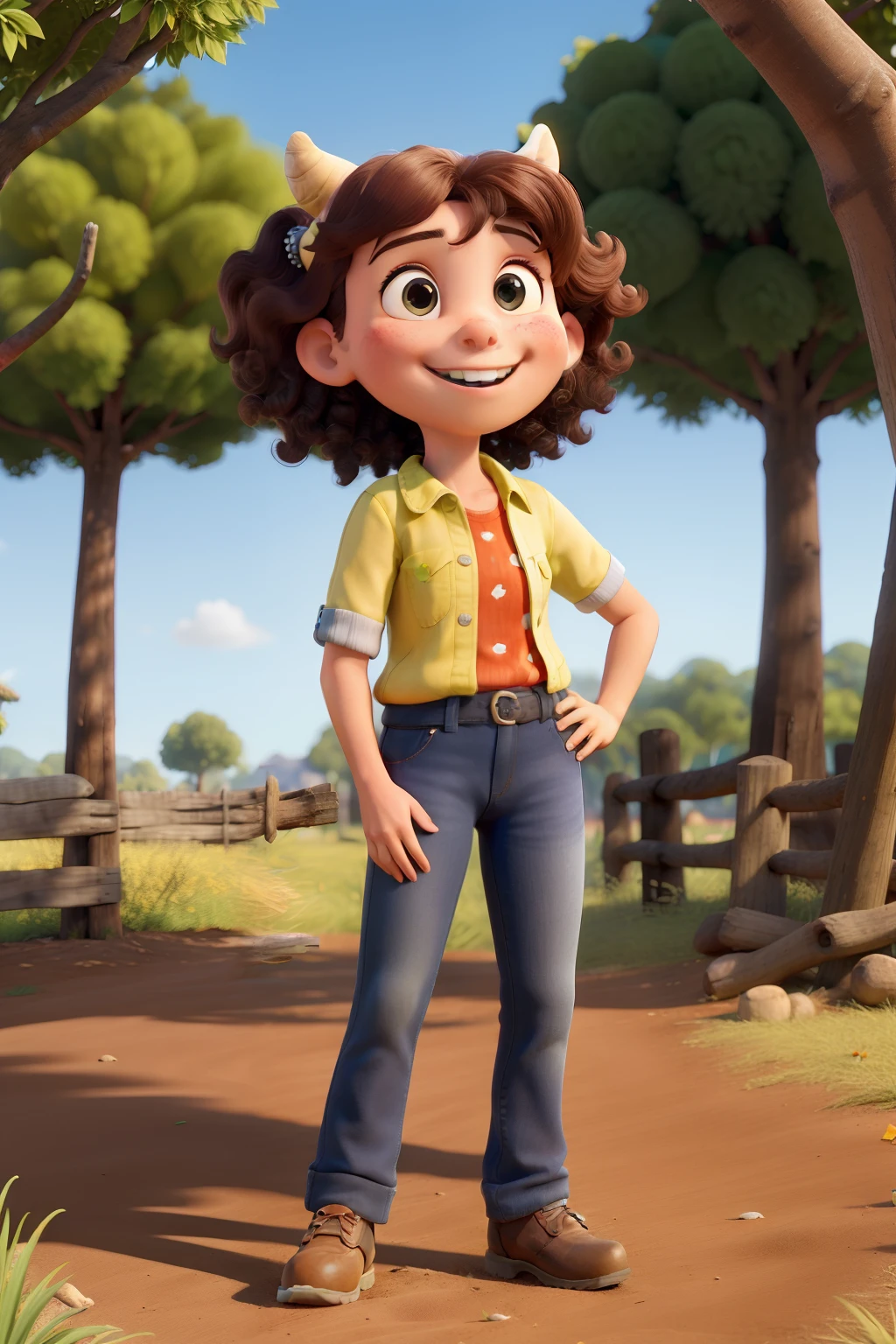 Obra-prima, de melhor qualidade,uma moreninha, cabelo liso, rabo de cavalo com um laco colorido, roupas infantis, sem do8s dentes na frente,Smiling standing in the park