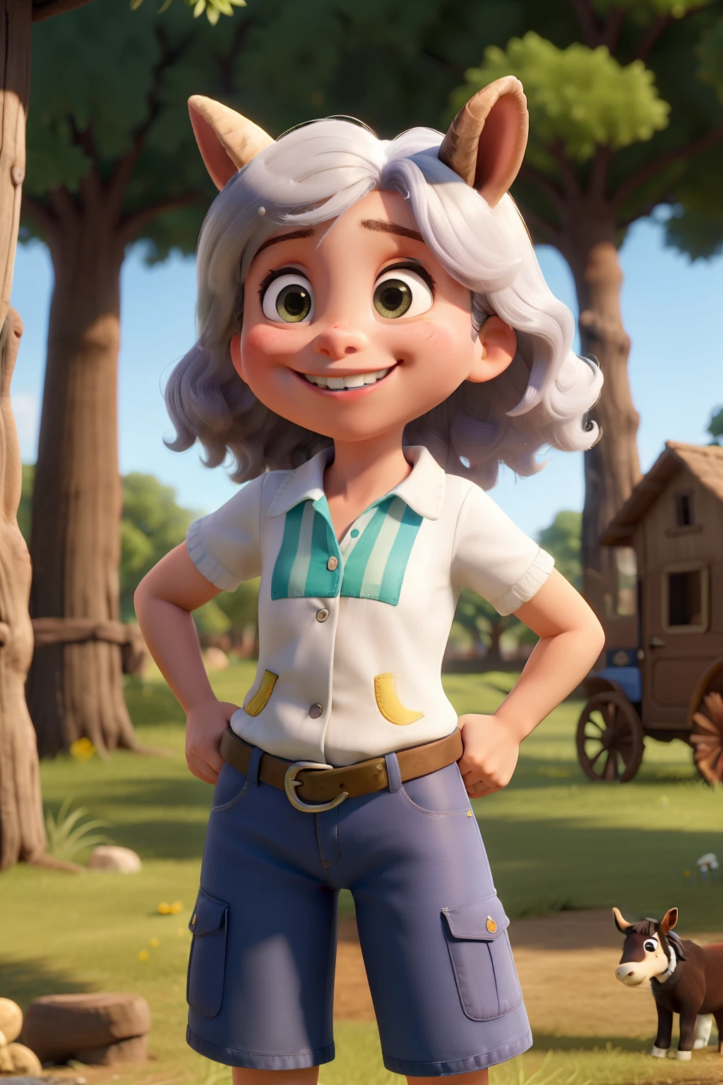 Obra-prima, de melhor qualidade,uma moreninha, cabelo liso, rabo de cavalo com um laco colorido, roupas infantis, sem do8s dentes na frente,Smiling standing in the park