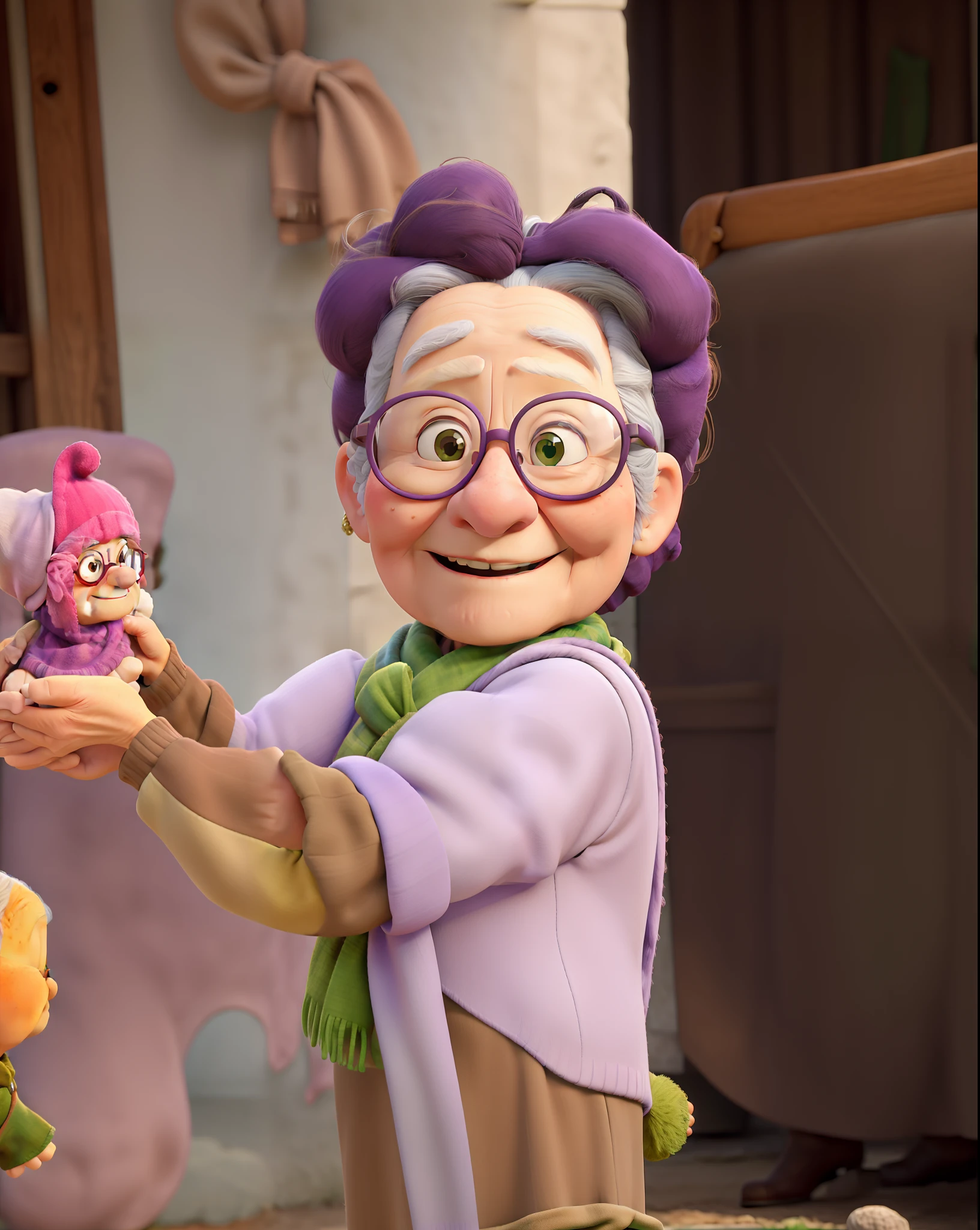 masterpiece, best quality, an old woman with glasses and a scarf on, wearing a purple coat and green scarf, standing at the park