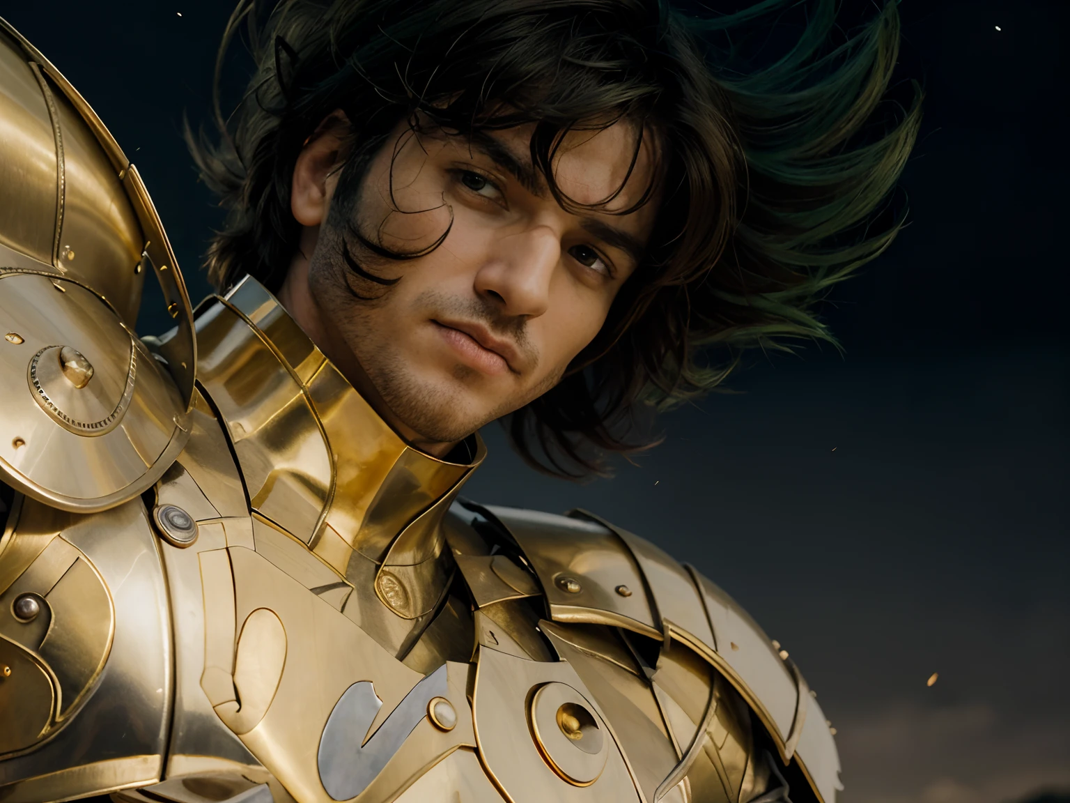 (masterpiece), (realistic) low angle, close up portrait of an man, (male), 30 years old, spanish, (1boy), solo, serious, looking at viewer, wearing an medieval armor, (full body armor), (golden armor), chrome gold, (detailed armor), (ornate armor), dark green hair, (hair blowing in wind), (hair chops), upper body, night and stars background, sharp focus, cinematic lighting,