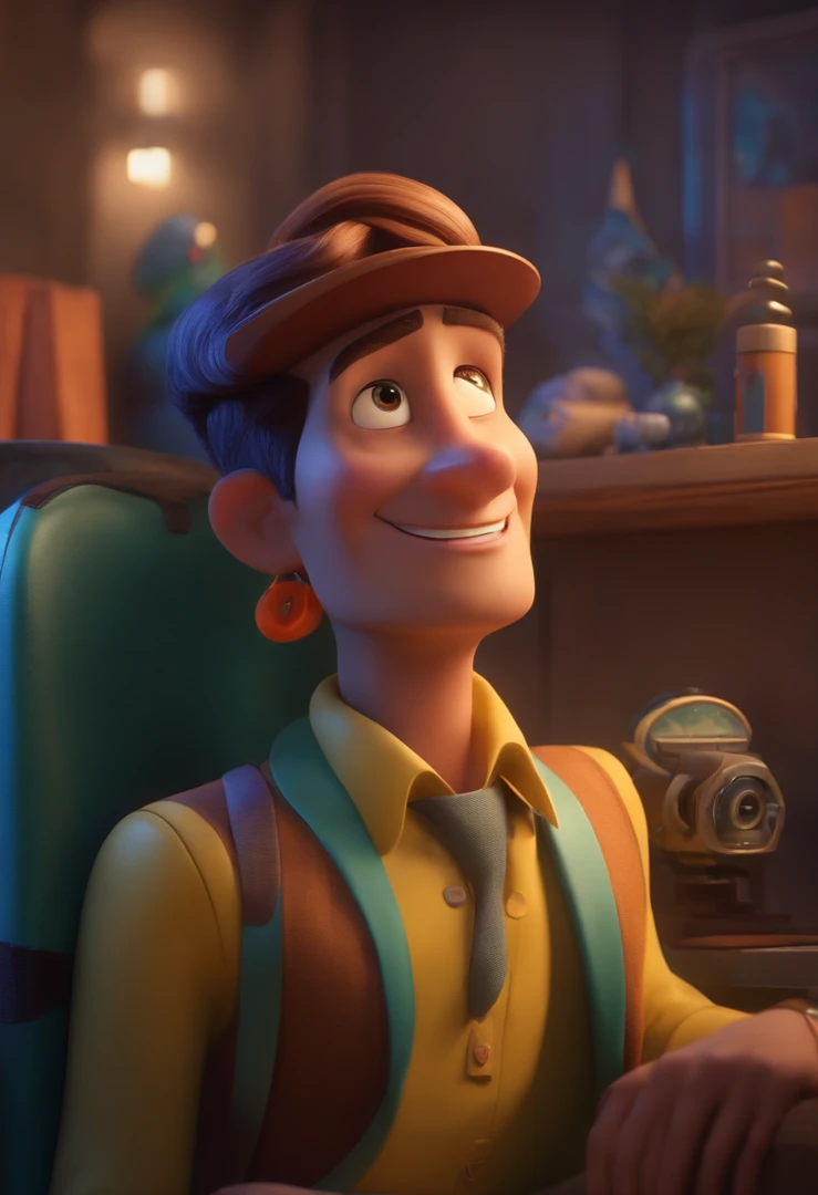 Um arquiteto de sonhos futurista, mas realista, inspired by Pixar animation, de perto. The character takes center stage with captivating facial expressions, oferecendo um toque de irrealidade.