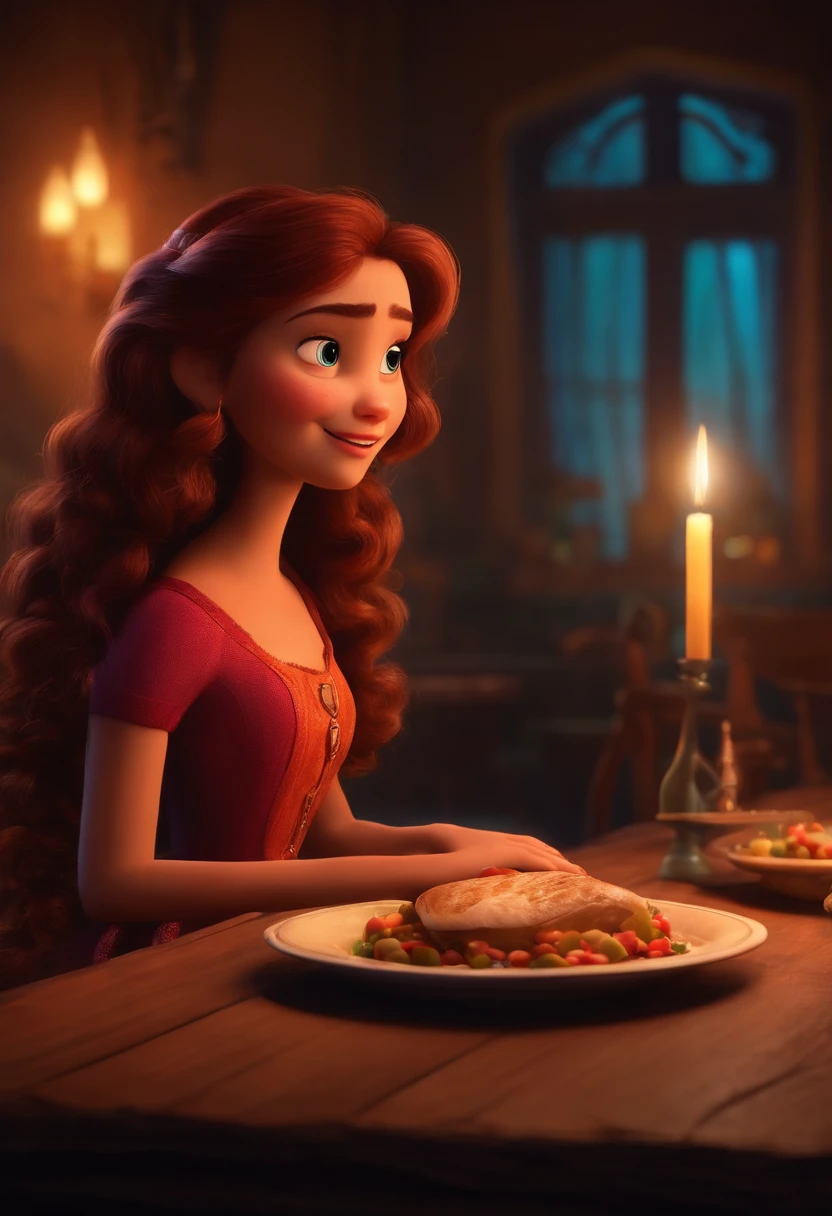 Um filme inspirado na Disney Pixar (MENINA morenaJOVEM COM CABELO LONGO CACHEADO marsala) dentro A cena estar na arte distinta do estilo PIXAR, descolada e estilosa