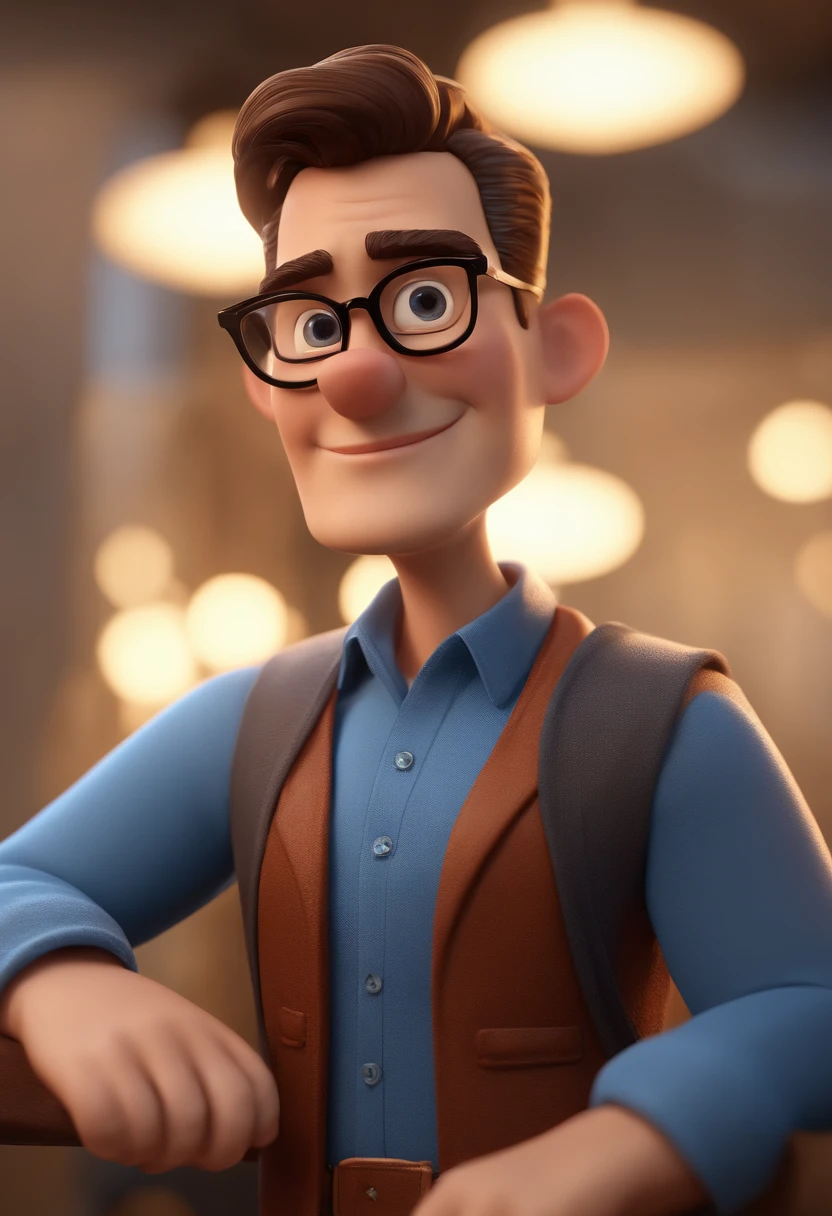 Cartoon character of a man with black glasses and a blue shirt, animation character, Caractere estilizado, animation style rendering, 3D estilizado, Arnold Maya render, 3 d render stylized, toon render keyshot, Personagem 3D, Personagem 3D, 3d rendering stylized, 3 d character render, personagem de desenho animado, Personagem de close up, Pose de personagem, (Estilo Pixar) (master part:1.2) (Bokeh) (best quality) (pele detalhada) (textura detalhada) (8k) (argila) (Cinematic lighting) (foco nítido
