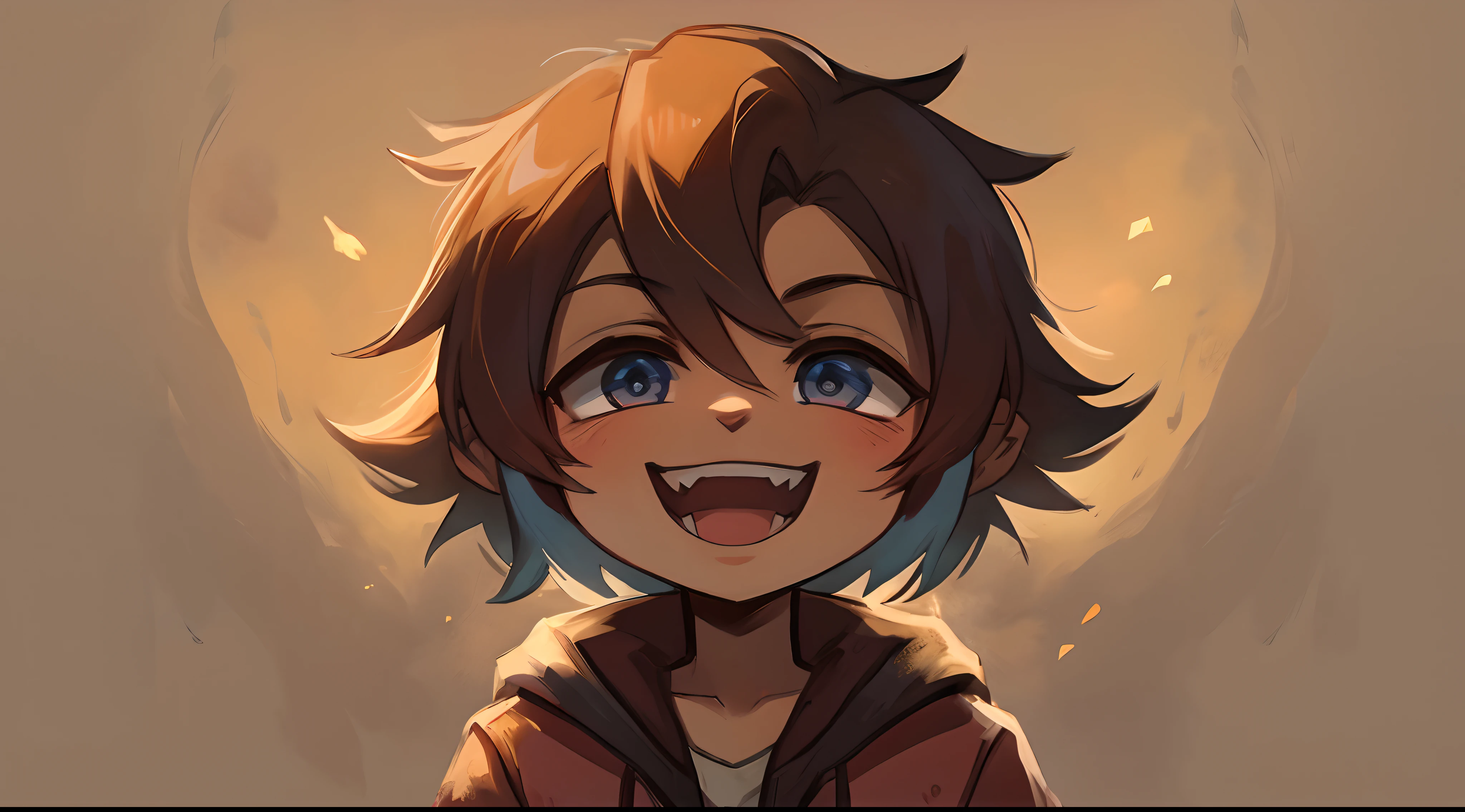 Anime boy portrait, Hair on his eyes, Smiling showing teeth.