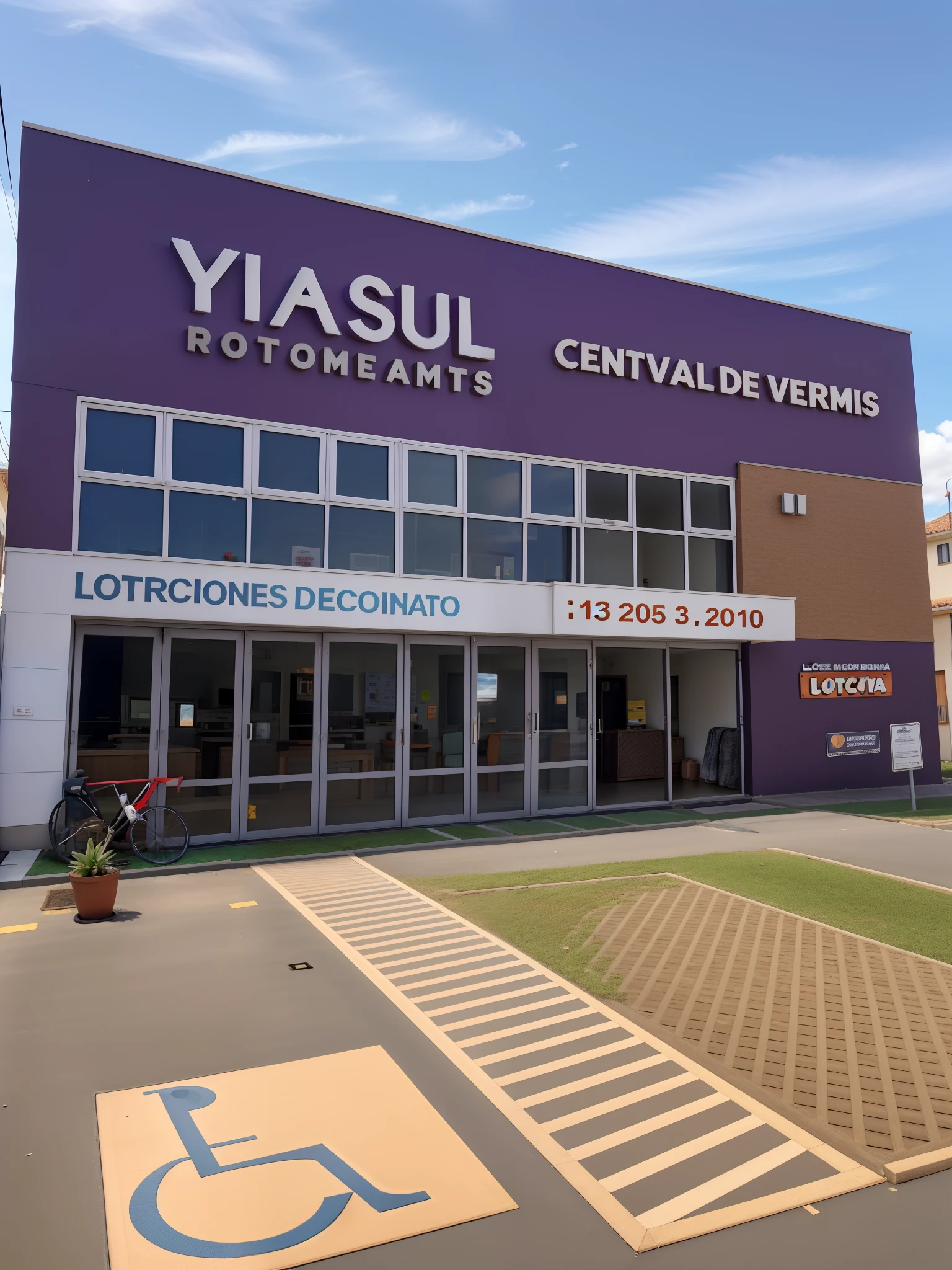 Uma super loja de vendas de apartamentos que todos sempre sonham em ter, loja linda, alegre, com detalhes roxos e laranja com um tapete na entrada da loja para os clientes