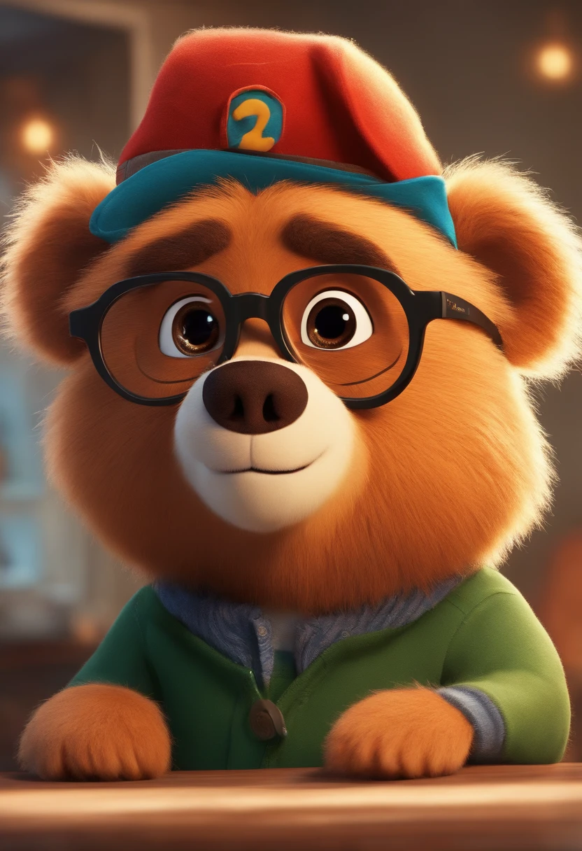  estilo desenho animado, Pixar, wearing round glasses, segurando um urso de pelucia, roupa de escoteiro,