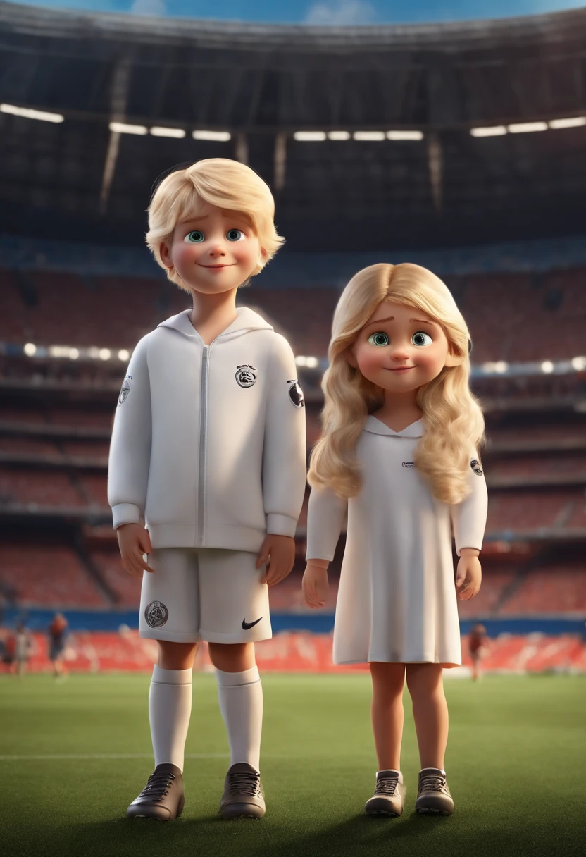 A blond  boy and a long-haired blonde child with white clothes in a football stadium in pixar style in high quality, melhor qualidade