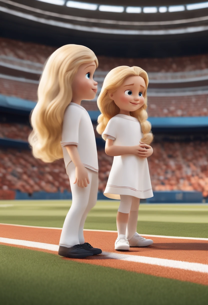A blond child boy and a long-haired blonde child girl with white clothes in a football stadium in pixar style in high quality, melhor qualidade