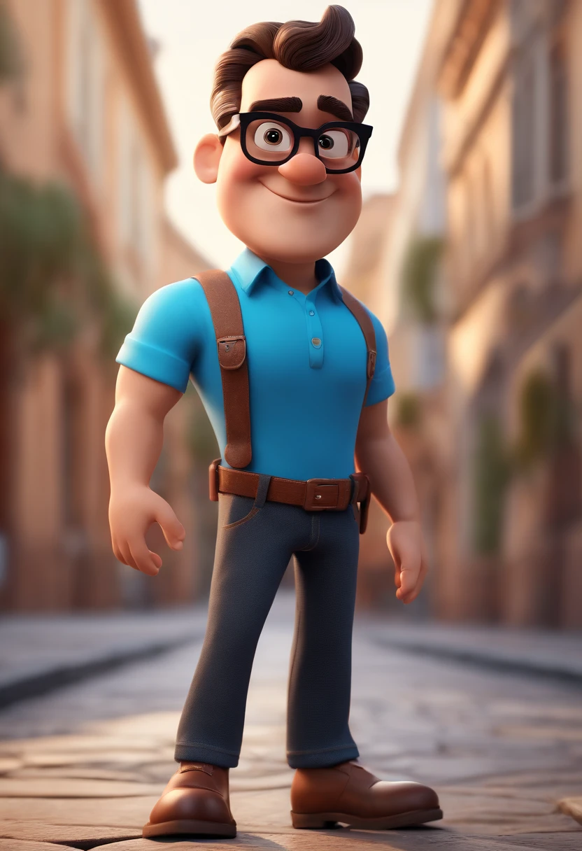 Cartoon character of a man with black glasses and a blue shirt, animation character, Caractere estilizado, animation style rendering, 3D estilizado, Arnold Maya render, 3 d render stylized, toon render keyshot, Personagem 3D, Personagem 3D, 3d rendering stylized, 3 d character render, personagem de desenho animado, Personagem de close up, Pose de personagem,  (Estilo Pixar) (master part:1.2) (Bokeh) (best quality) (pele detalhada) (textura detalhada) (8k) (argila) (Cinematic lighting) (foco nítido