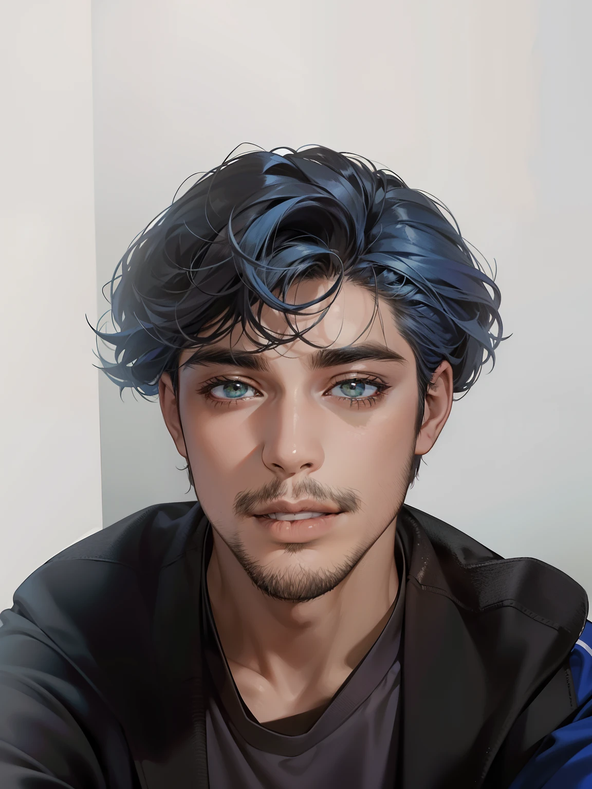 master part, best quality, Realistic, 1 homem, macho maduro, jovem tranquilo e charmoso, 18 anos, serious look, boca fechada, retrato, Rosto extremamente detalhado, sorriso suave, ((olhos cinzentos escuros)), ((cabelos curtos e morenos escuros varridos para a esquerda)), [sobrancelhas grossas], Sala de jantar ((terno azul))