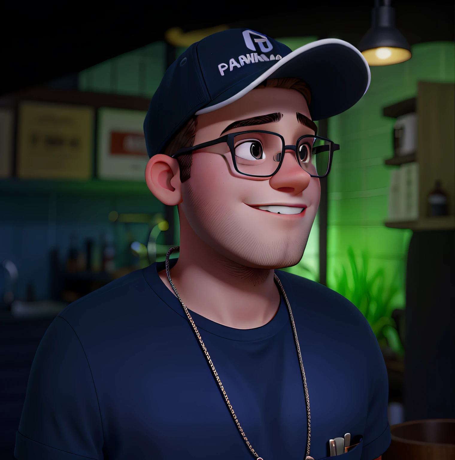 A young man in a cap around a barber chairheight of 1,70, illuminated by the light of a lamp, contra o pano de fundo de uma barbearia