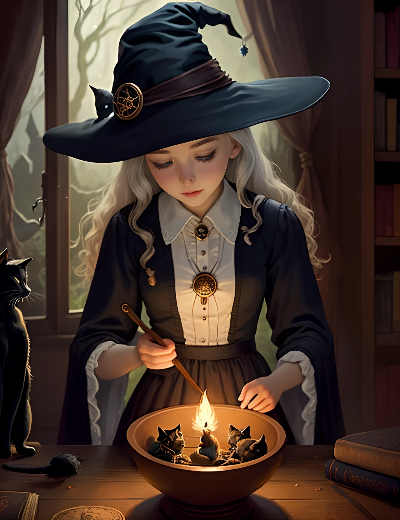 A girl, Cute Witch, Fantasy, Magic, Black Cat, Magic, Fairy-tale world, mystery, ritual, sorcery, Detailed study, hiquality