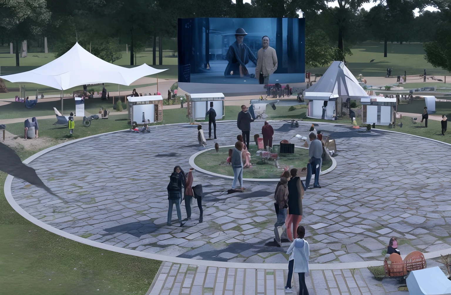 There is a circular area in the park,There were a lot of people standing around, Time travelers appear in the park, detailed photo of virtual world, cctv footage of a movie set, ! A cinematic scene, movie screen shot, movie set, Demo scenario, giant video screens, parks and public space, opening scene, Round pits, realistic scene