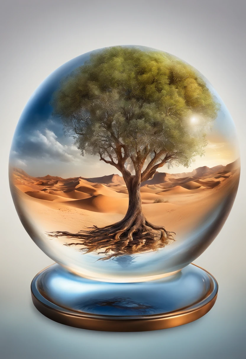 Image of a tree inside a glass ball in a desert landscape, tree of life inside the ball, Arte digital surrealista, Surrealismo 8K, arte digital surreal, arte surreal, surreal 3 d render, 3d renderizar arte digital, Marcos Adamus, arte conceitual surreal, 3 d render bipe, arte digital estilizada, Surrealismo 4K