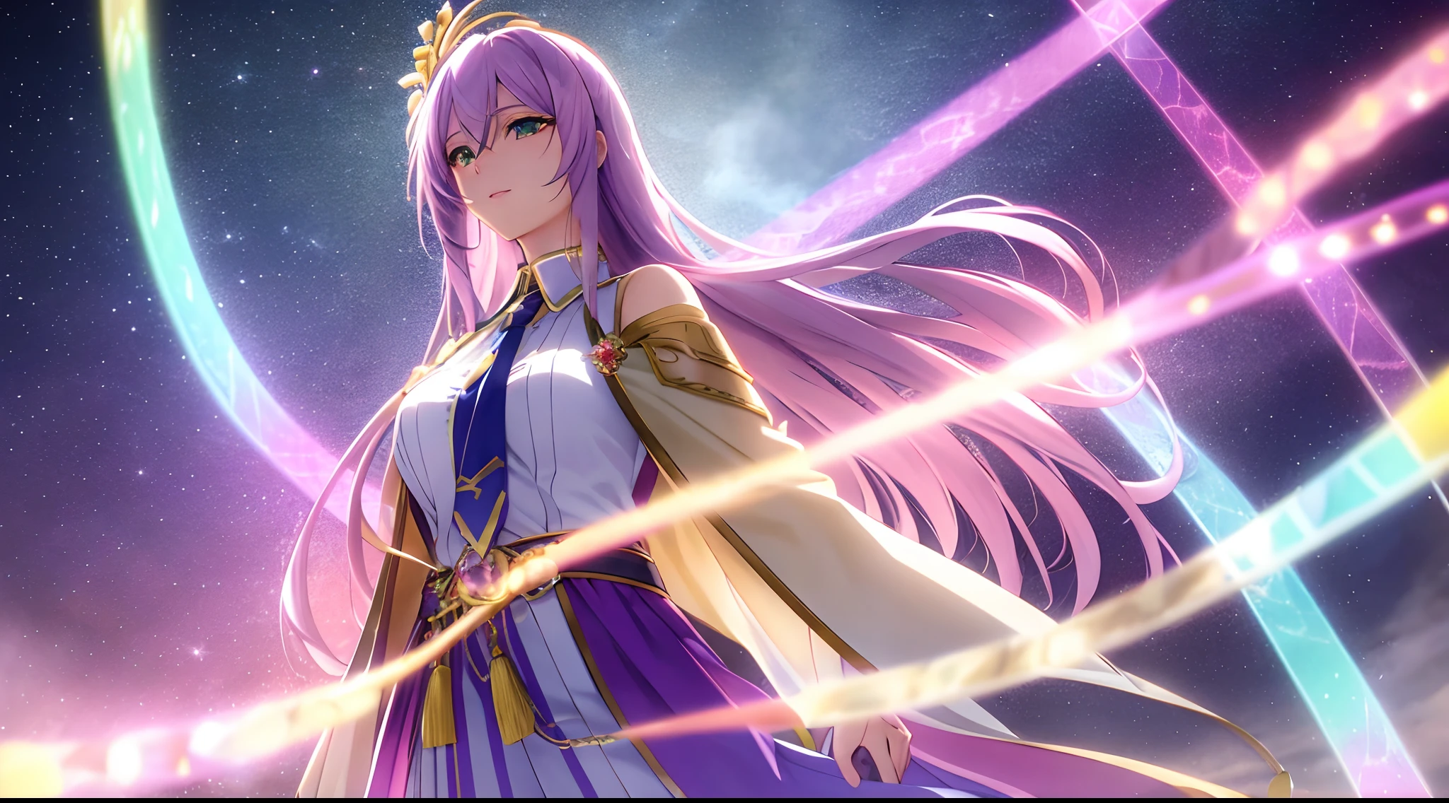 Athena with plain long light purple hair,hair between eyes,green eyes,rosy cheeks,full lips,thin eyebrows,slender body,wearing golden coat necktie covering body and full long skirt,praying beads on neck,beads on neck,cute anime girl,full body,flowers field leading to waterfall in background,anime style,Lumen Reflections,Screen Space Reflections,Diffraction Grading,Chromatic Aberration,GB Displacement,Scan Lines,Ray Traced,Anti-Aliasing,FXAA,TXAA,RTX,SSAO,Shaders,OpenGL-Shaders, GLSL-Shaders,Post Processing,Post-Production,cell Shading,Tone Mapping,CGI,VFX,SFX,insanely detailed and intricate, 4K,standing, solo, masterpiece, best quality, detailed face, detailed eyes, highres, standing, solo,masterpiece, best quality