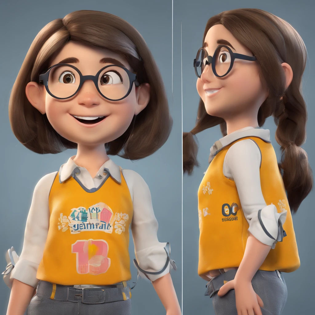 Mariana is a smiling 12-year-old human girl, com seu fiel amigo, parafuso, o cachorro preto daschound. She wears round, thin-framed glasses, com cabelos longos e castanhos