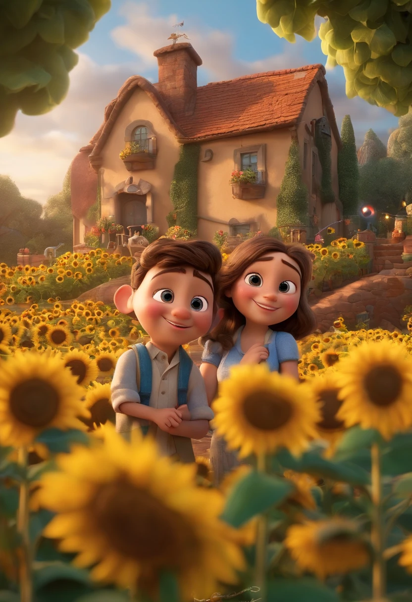 Create a Disney PIXAR-style 3D poster. ((centro da imagem, Triplets)), ((3 )) ((1 menino no meio e 2 meninas ao lado, They're hugging each other, O menino tem pele castanha e cabelos castanhos escuros e olhos castanhos escuros, 1 menina tem pele clara, olhos e cabelos escuros e cacheados, e a outra menina tem pele morena, olhos escuros e cabelos escuros e lisos)) ((tudo isso no estilo Disney PIXAR 3D, In the background, A house of sunflowers, Gloria Studio, The garden is full of nature 3D render RTX clay material, estilo de design cartunesco, POP Mart, soft lighting, linhas suaves, Spring tilt, Detailed illustrations of PIXAR 3D, Detalhes hiper-realistas, cor quente no estilo Disney PIXAR 3D))