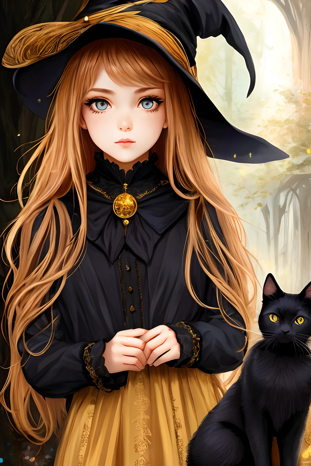 A  girl, Cute Witch, intense gaze, Beautiful eyes, Fantasy, Magic, Black Cat, Magic, Fairy-tale world, mystery, ritual, sorcery, Detailed study, hiquality