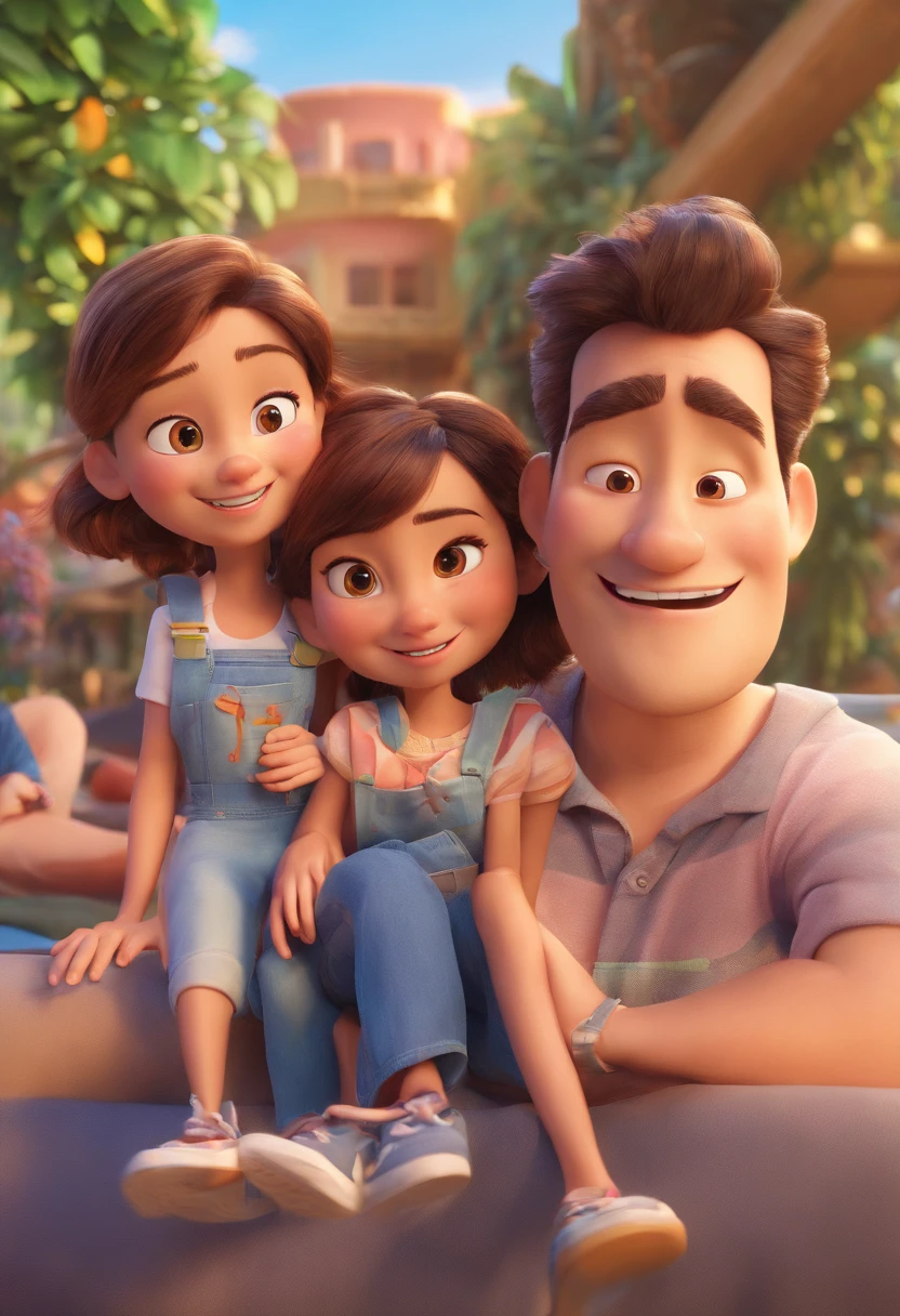 Happy Family Disney Pixar Style Drawing with Big Flag of the United States on Image Background
