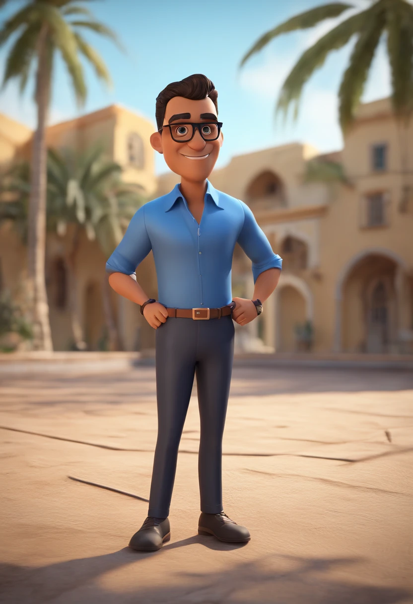 Cartoon character of a man with black glasses and a blue shirt, animation character, Caractere estilizado, animation style rendering, 3D estilizado, Arnold Maya render, 3 d render stylized, toon render keyshot, Personagem 3D, Personagem 3D, 3d rendering stylized, 3 d character render, personagem de desenho animado, Homem de camisa azul sentado em frente a uma porta, José Moncada, Eloy Morales, david rios ferreira, andres rios, Ronaldo Nazario, luiz escanuela, danilo torres, edu souza, with serious face expression, juan diaz canales, Pablo Perdomo, Phenomenon Ronaldo Nazario, Angry looking at cameraCloseup character, Pose de personagem, (Estilo Pixar) (master part:1.2) (Bokeh) (best quality) (pele detalhada) (textura detalhada) (8k) (argila) (Cinematic lighting) (foco nítido