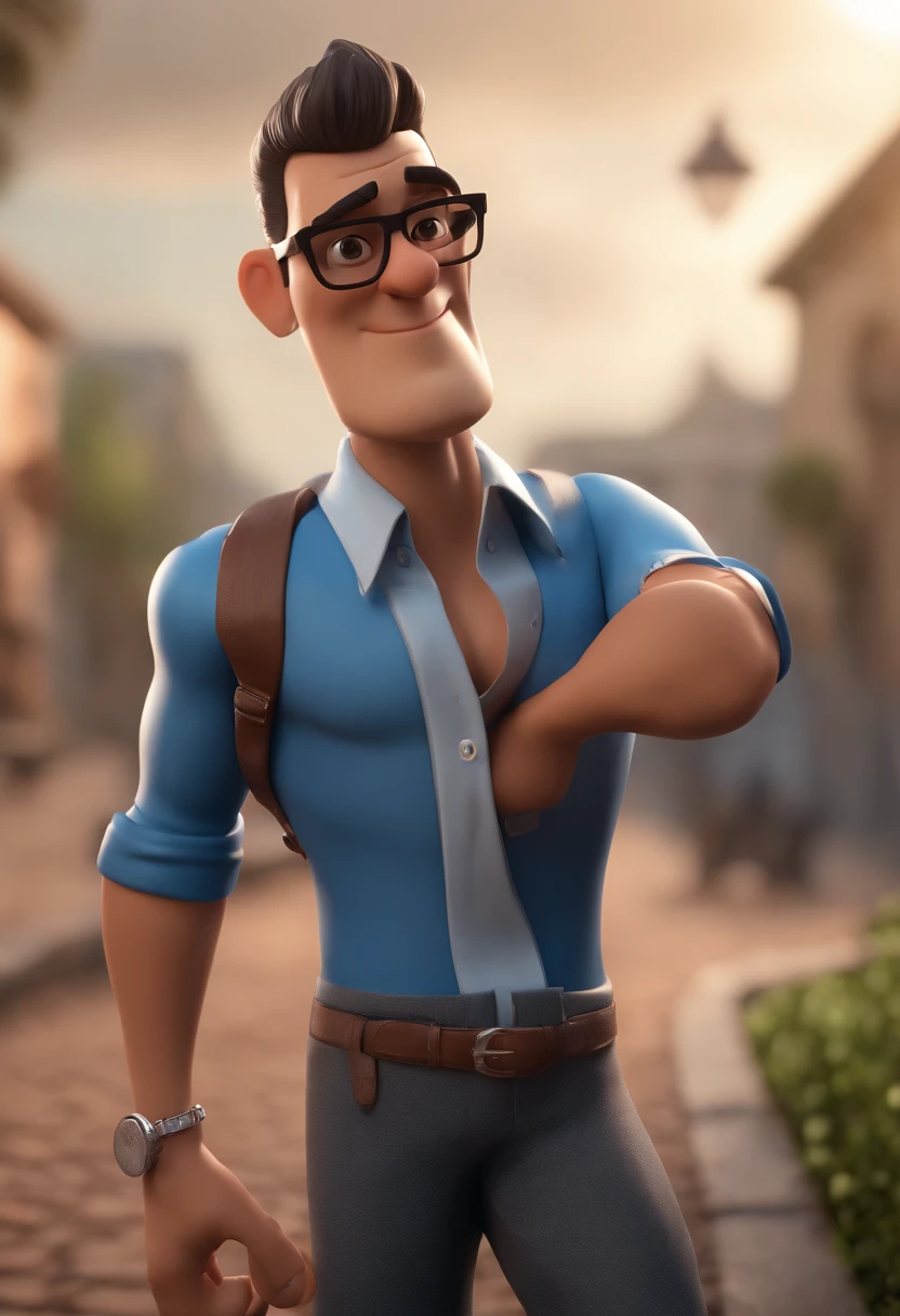Cartoon character of a man with black glasses and a blue shirt, animation character, Caractere estilizado, animation style rendering, 3D estilizado, Arnold Maya render, 3 d render stylized, toon render keyshot, Personagem 3D, Personagem 3D, 3d rendering stylized, 3 d character render, personagem de desenho animado, Homem de camisa azul sentado em frente a uma porta, José Moncada, Eloy Morales, david rios ferreira, andres rios, Ronaldo Nazario, luiz escanuela, danilo torres, edu souza, with serious face expression, juan diaz canales, Pablo Perdomo, Phenomenon Ronaldo Nazario, Angry looking at cameraCloseup character, Pose de personagem, (Estilo Pixar) (master part:1.2) (Bokeh) (best quality) (pele detalhada) (textura detalhada) (8k) (argila) (Cinematic lighting) (foco nítido