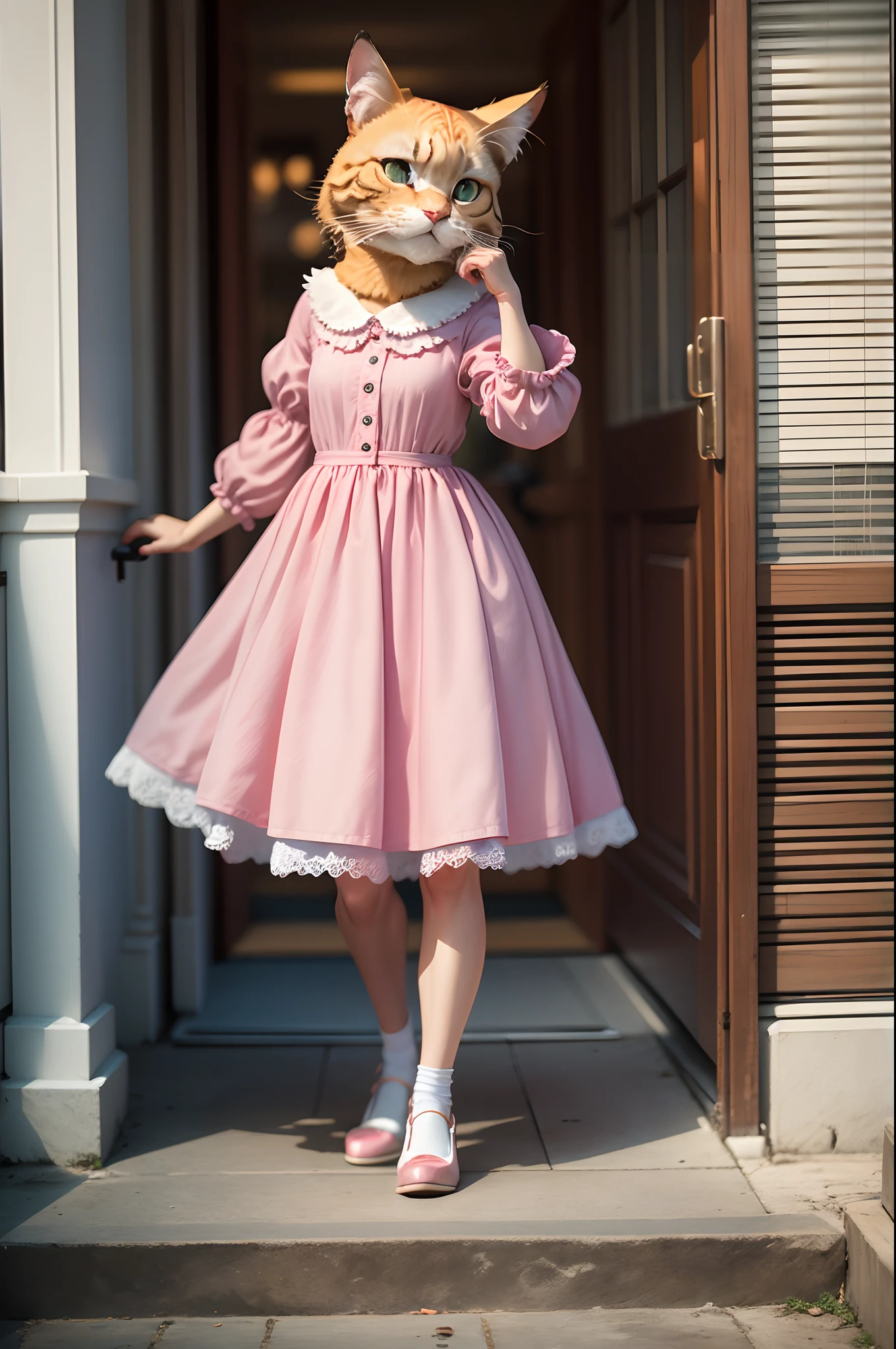 Garfield standing on two feet,Wearing a pink dress,Watch the view,8k,realisticlying,RAW photogr,filmgrain,Fujifilm XT,ar ——9:16—— Auto —— S2 --auto --s2
