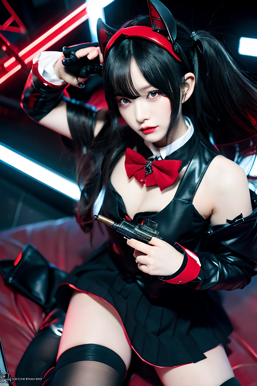 deadpan,,(Dark Fantasy),((marvelous illustration)),(Detail splash), Long Black Hair, Red pupils, girl, Pure black dress, Only the collar, The cuffs and skirt are dark red, Ears fixed on the sides are red butterfly bullets, masutepiece, Best Quality, High quality, headpiece,, Red and black crystal necklace, Black knee socks,cyberpunked,Longhaire,Have a gun,machine guns,machine gun,neons,natta