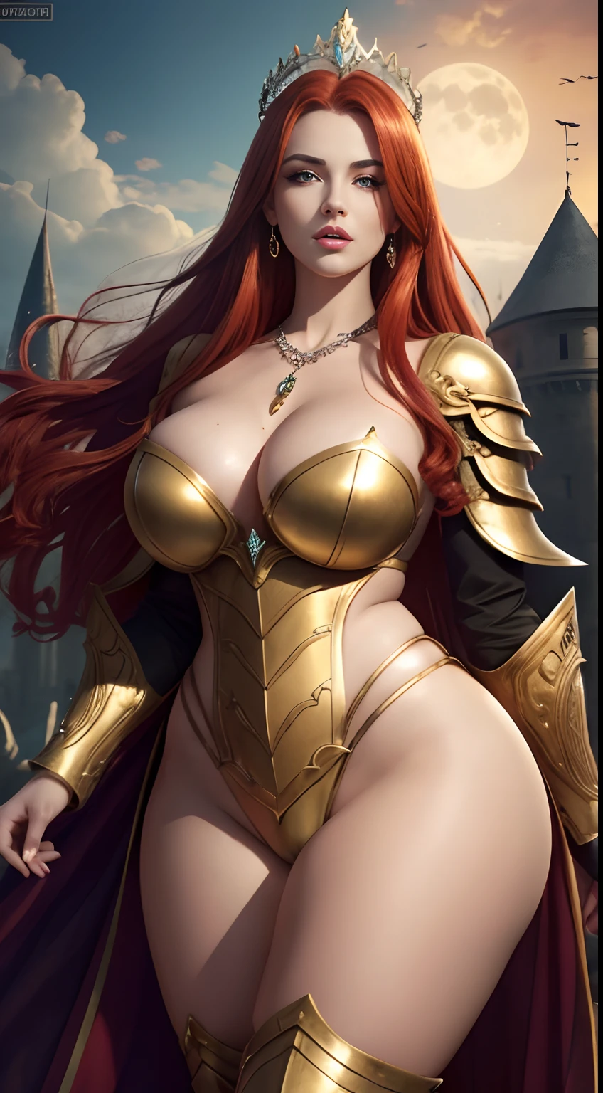 a sexy beautiful model with green eyes, red straight shiny hair, 50mm portrait , glamour, soft curves, full wet lips, big boobs, perfect eyes, perfect face, big eyes, wearing a red and gold chest plate and full armor, 
grassfield scenario, sfw, non-nudity, 4k, detailed, ultra detailed, 8k, awesome, gorgeous, she wear a necklace, wear a crown made of silver, cover all body, she's is a queen, have a castle in the background, 
she's a beauty queen, red hair, ginger, red head,straight shiny hair, high quality model, high contrast detailed lips, 4k resolution, perfect pupils, insanely detailed faces, HD, beautiful realistic eyes, fantastic face, 
perfect facial features, heavenly beautiful look, beautiful woman, amazing stunningly beautiful, most beautiful women ever,((full body)),voluptuous, big ass, thick thighs,evil look, evil makeup, evil laughter, glowing background, full moon