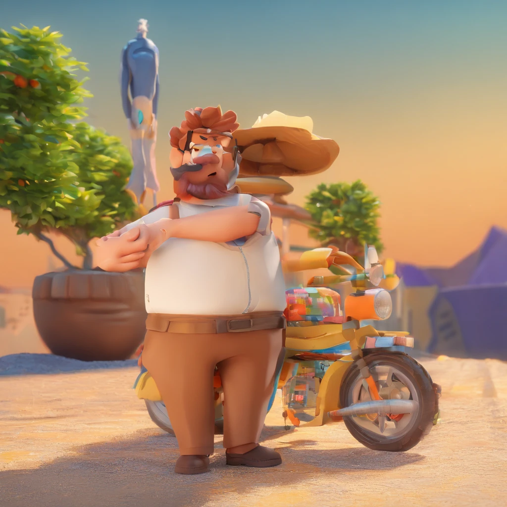 Criar um personagem no estilo Pixar. Trata-se de um homem de 30 anos, com barba, Branco, com cabelos loiros curtos e um quiff, e olhos azuis. Ele deve estar na frente de um computador, Trabalhar como designer