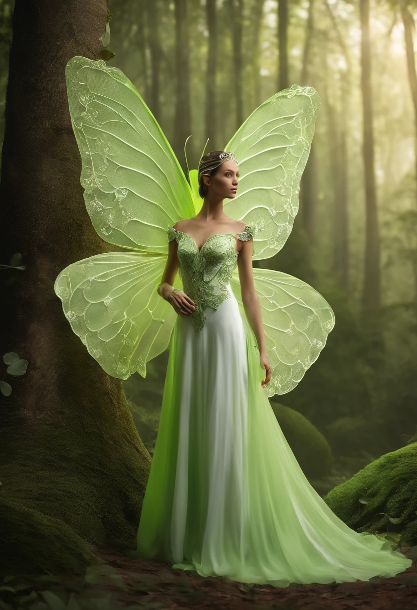 Design a virtual costume with a pale green chelicera-free butterfly as the main inspiration,The color is mainly light green,white colors,It is shaped like a long skirt,The design style is sci-fi, high-end and modern,The texture of the clothing presents a three-dimensional silk silk light texture,The design screen presents a picture of the entire costume design,The background renders a natural scene of a forest, with the texture of three-dimensional transparent glass crystals,Among them there is a bright surface of water,Plants of brilliant colors,Huge trees and vivid birds,C4D design, a design tool