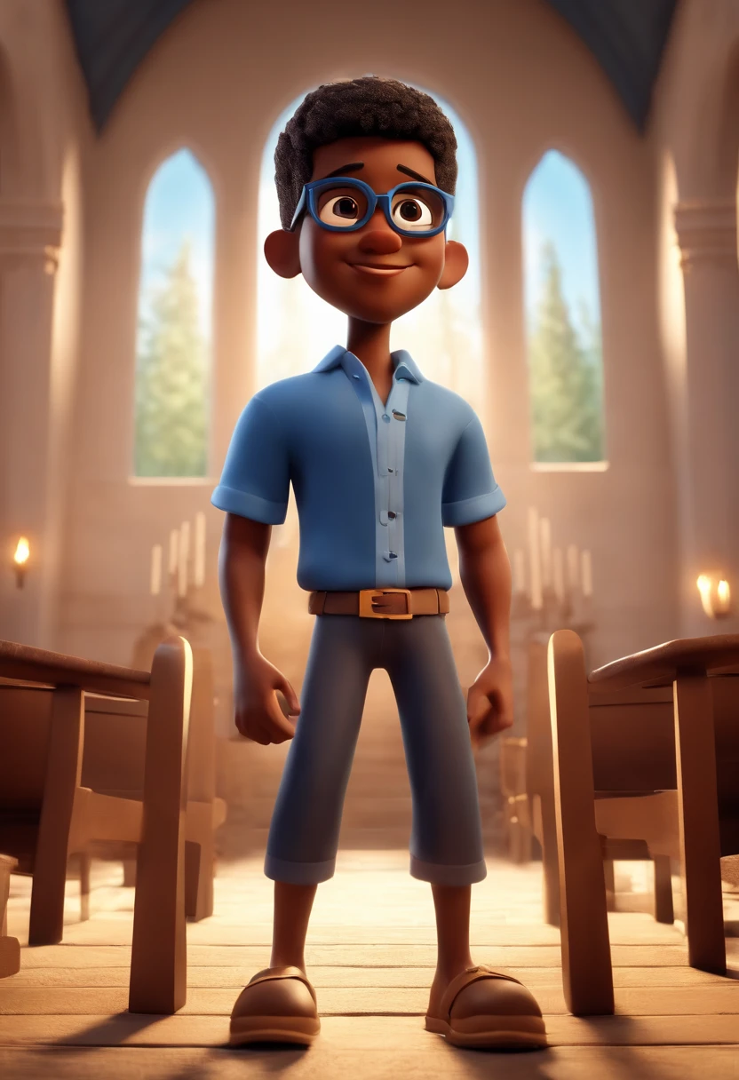 Cartoon character of a dark-skinned boy wearing black glasses and a blue shirt on his knees inside the freight church for Jesus nailed to the cross, um personagem animado, Caractere estilizado, animation style rendering, 3D estilizado, Arnold Maya render, 3 d render stylized, toon render keyshot, Personagem 3D, Personagem 3D, 3d rendering stylized, 3 d character render, personagem de desenho animado, Personagem de close up, Pose de personagem, (Estilo Pixar) (master part:1.2) (Bokeh) (melhor qualidade) (pele detalhada) (textura detalhada) (8k) (argila) (Cinematic lighting) (foco nítido, de joelho a parte inferior do corpo