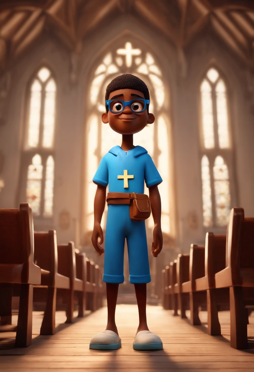 Cartoon character of a dark-skinned boy wearing black glasses and a blue shirt with bent knees and inside the church facing Jesus nailed to the cross, um personagem animado, Caractere estilizado, animation style rendering, 3D estilizado, Arnold Maya render, 3 d render stylized, toon render keyshot, Personagem 3D, Personagem 3D, 3d rendering stylized, 3 d character render, personagem de desenho animado, Personagem de close up, Pose de personagem, (Estilo Pixar) (master part:1.2) (Bokeh) (melhor qualidade) (pele detalhada) (textura detalhada) (8k) (argila) (Cinematic lighting) (foco nítido, parte inferior joelhos dobrados