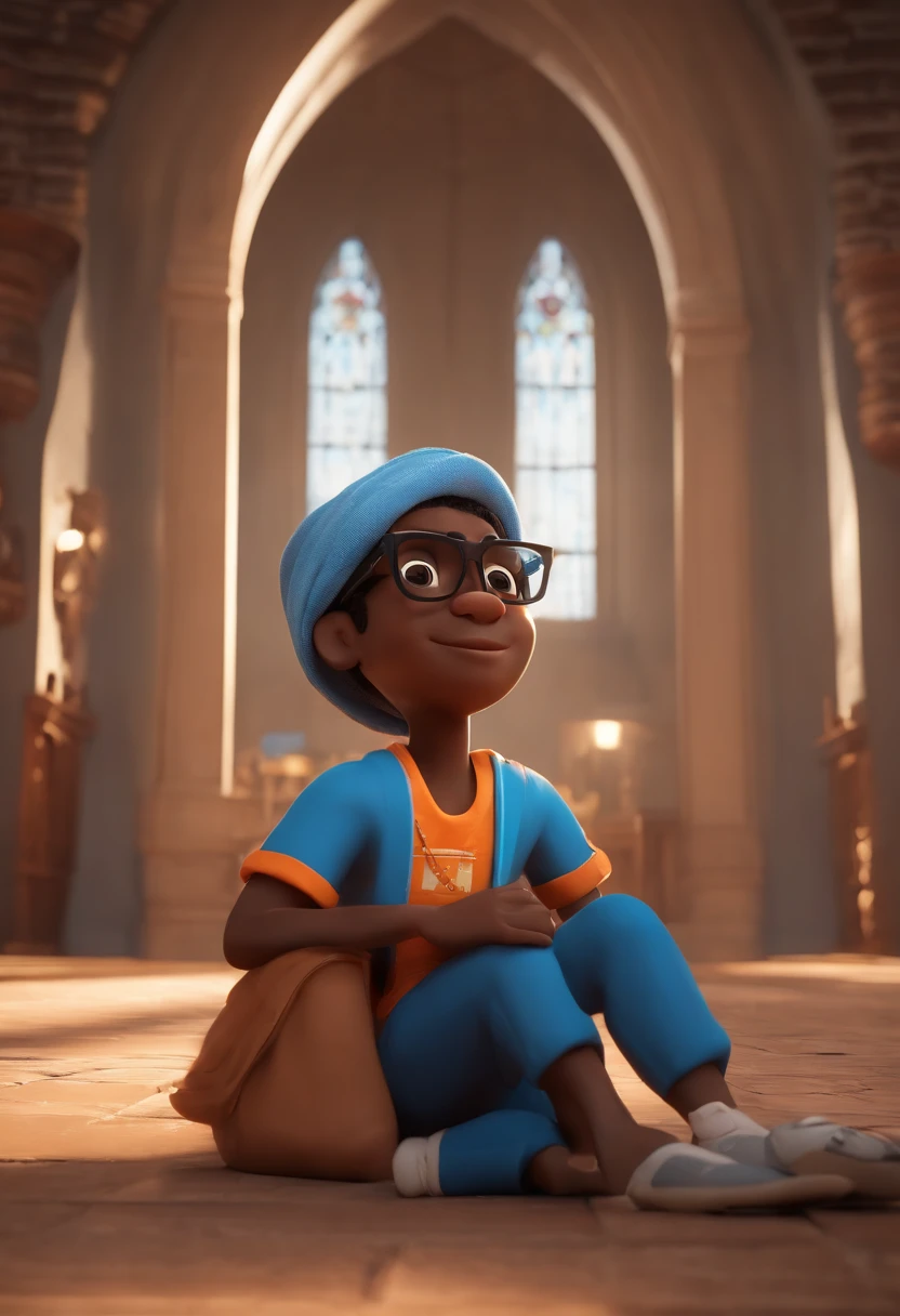 Cartoon character of a dark-skinned boy wearing black glasses and a blue shirt with bent knees and inside the church facing Jesus nailed to the cross, um personagem animado, Caractere estilizado, animation style rendering, 3D estilizado, Arnold Maya render, 3 d render stylized, toon render keyshot, Personagem 3D, Personagem 3D, 3d rendering stylized, 3 d character render, personagem de desenho animado, Personagem de close up, Pose de personagem, (Estilo Pixar) (master part:1.2) (Bokeh) (melhor qualidade) (pele detalhada) (textura detalhada) (8k) (argila) (Cinematic lighting) (foco nítido, parte inferior joelhos dobrados