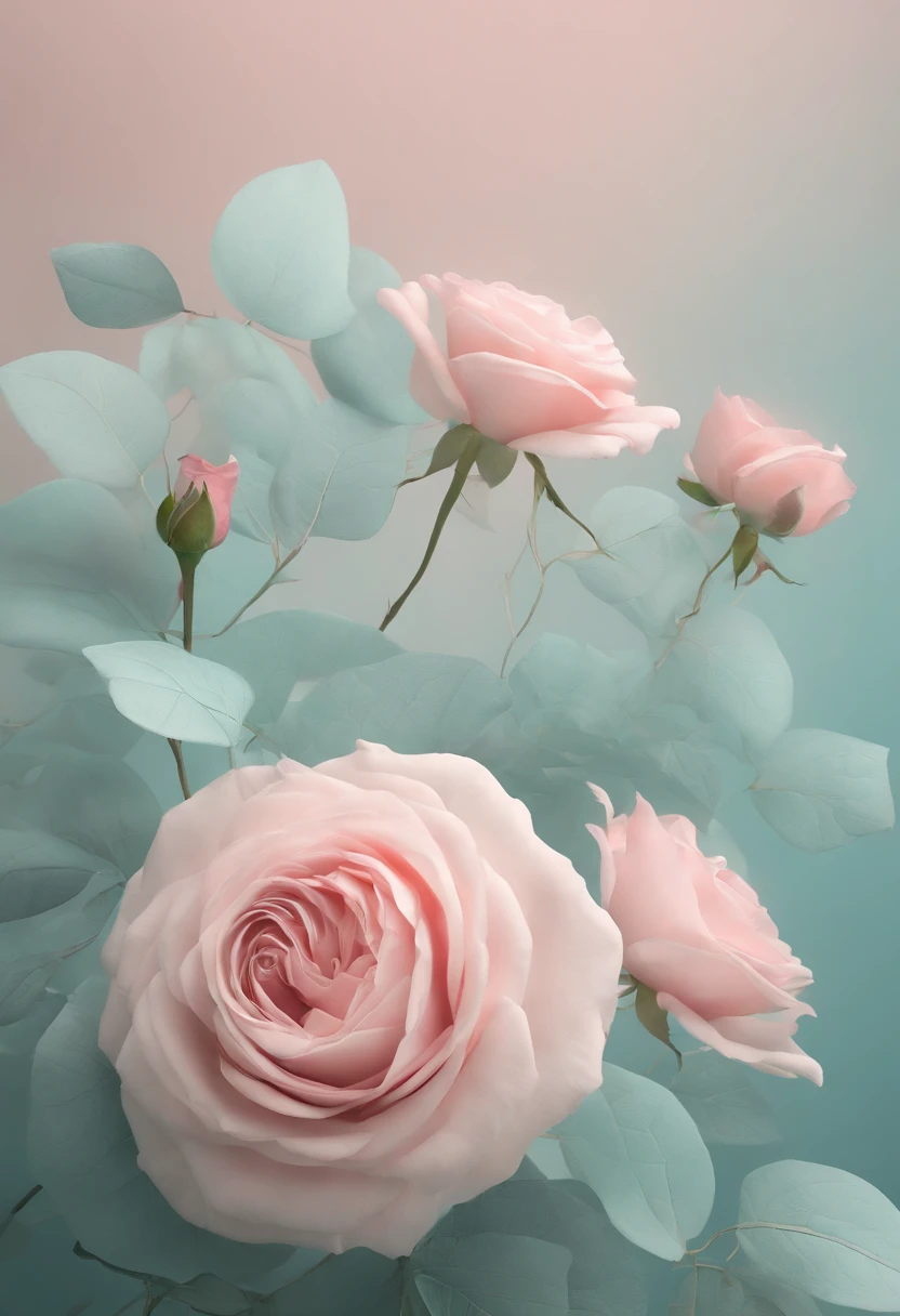 Fancy fancy fancy elegant botanical rose floral minimalism with a wave of flowers garden flowers flowing floating in hazy pastel pink, aqua green, damasco pastel, smoke fractal, flores mal-humoradas e massivamente realistas, octane rendering, Arte de parede Josephine, Isabel eu fui, Jean, Amy Castanho